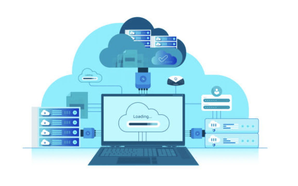 Diagram showing cloud computing and data storage concepts, emphasizing the integration of technology in data management